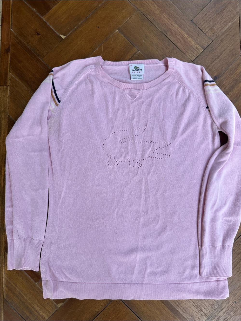 Lacoste Light Pink Crewneck Sweater with Striped Shoulder Detail